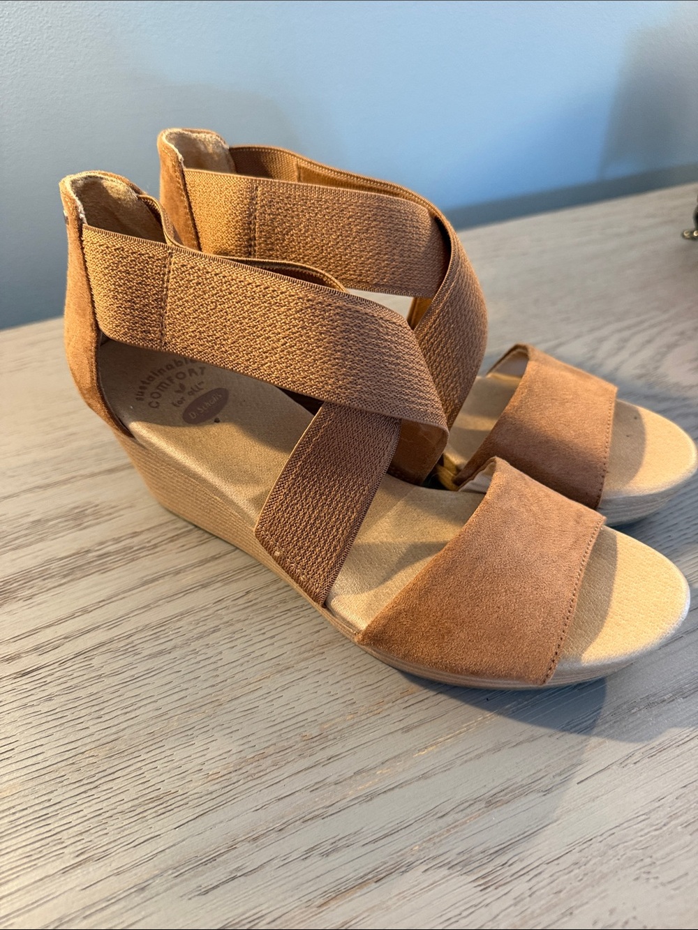 Dr. Scholl's Tan Suede-Look Elastic Cross Strap Wedge Sandals